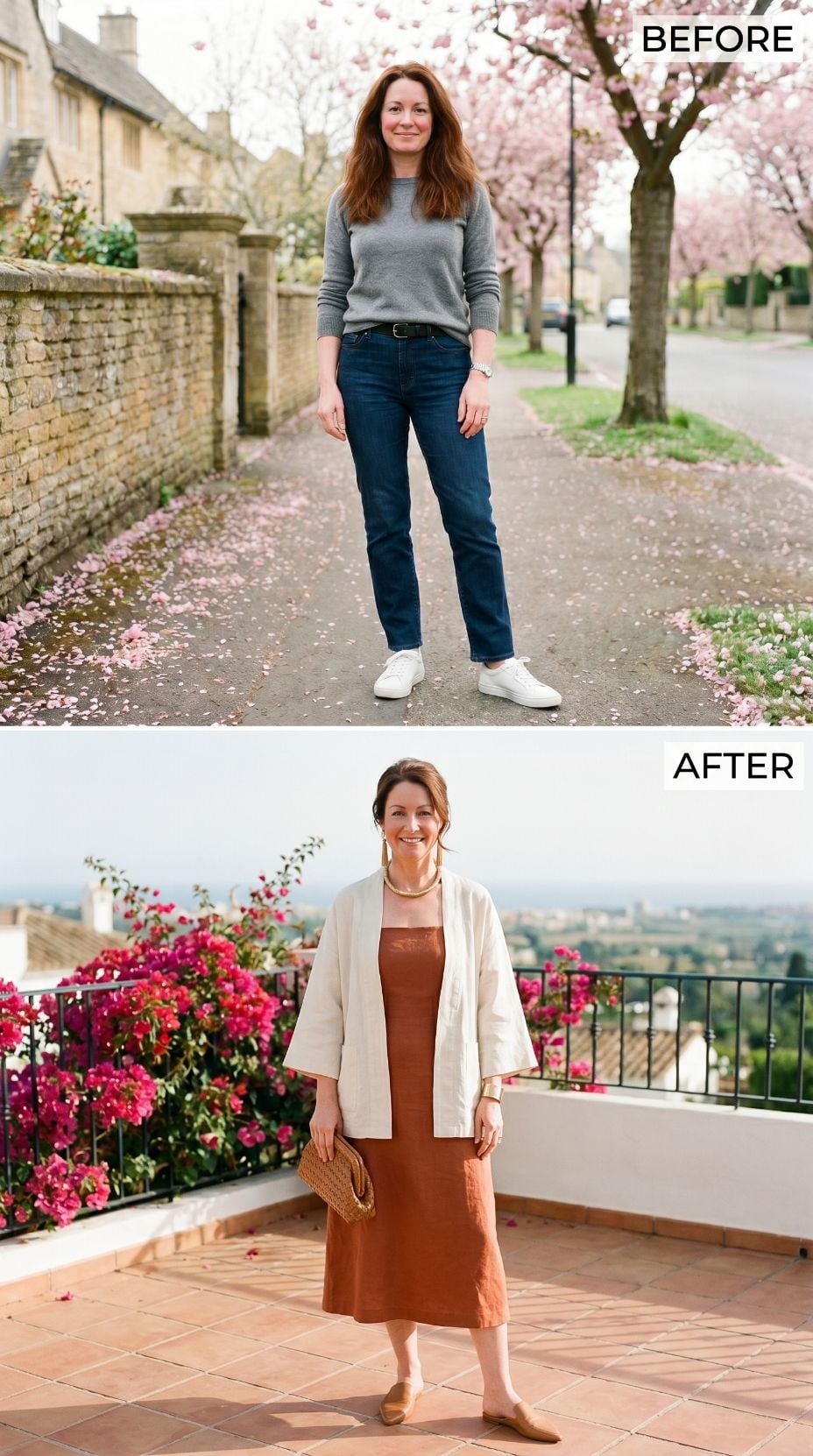 Rust Linen Midi, Ivory Kimono Jacket, and the Terrace That Finished the Look