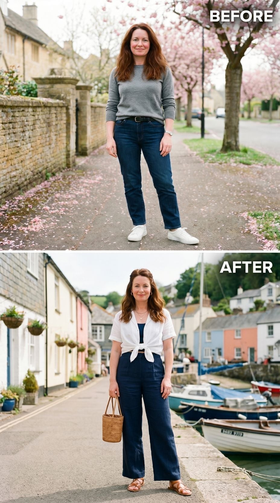 White Tie-Front, Wide Linen, and a Harbour Town That Pulled the Whole Look Into Focus