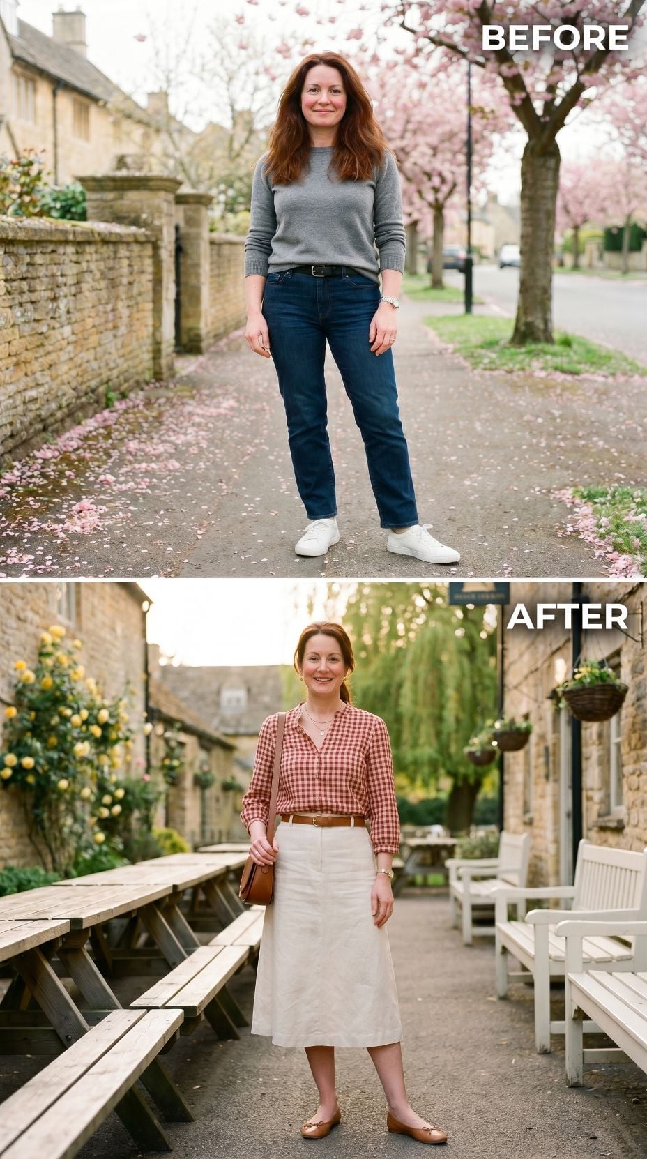 Gingham Tucked In, White Linen Midi Out, Brown Belt Holding the Whole Thing Together