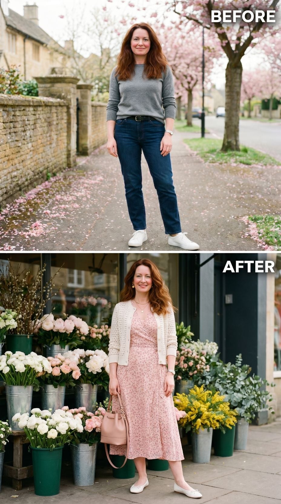 Jeans and a Gray Sweater Handed the Keys to Pink Floral Satin and a Cream Cardigan