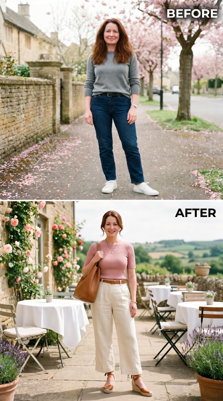 Jeans and a Gray Sweater Punched Out. Pink Ribbed Knit and Wide-Leg Cream Linen Punched In.
