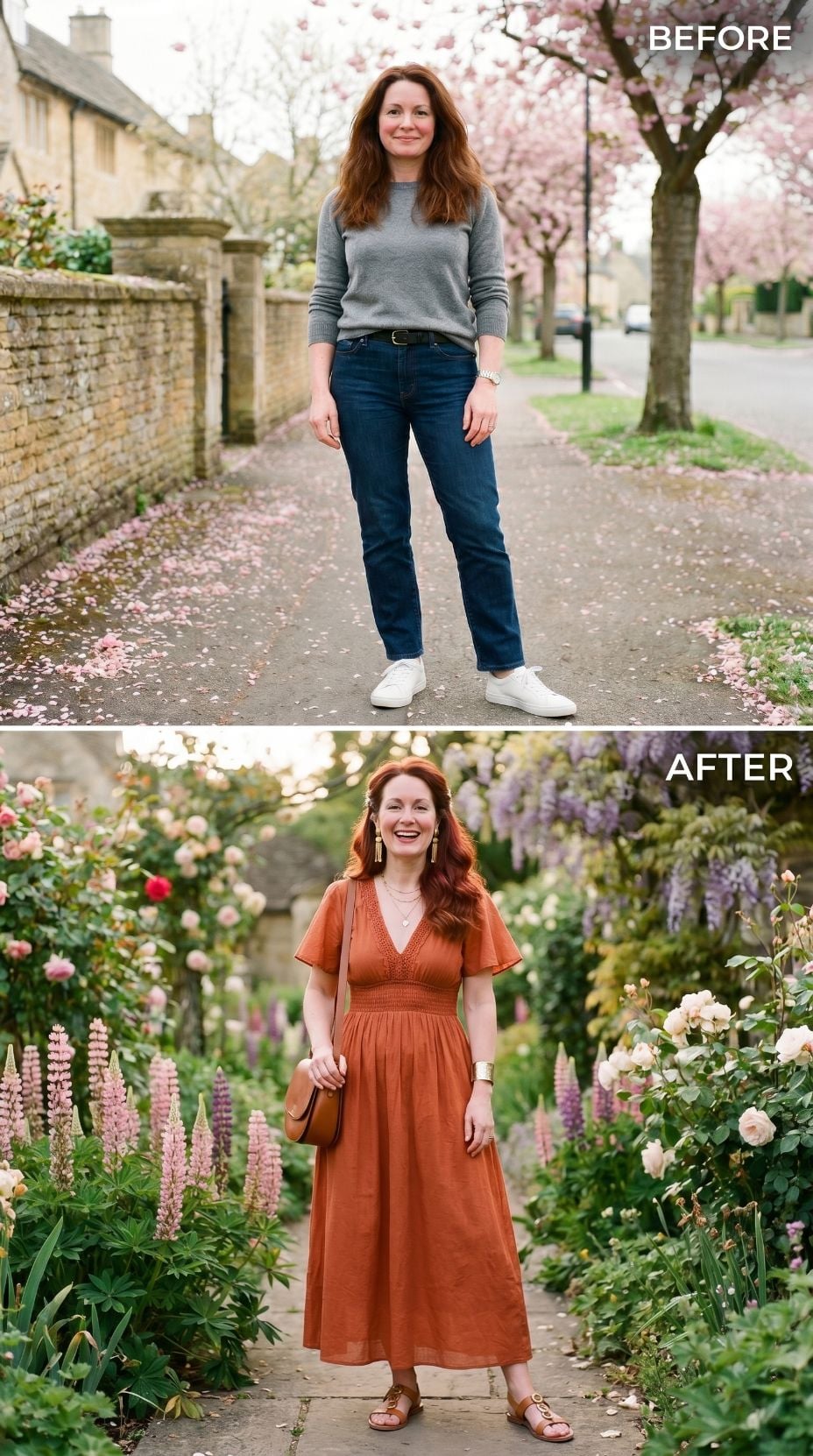 Jeans Clocked Out. Terracotta Flutter Sleeves and a Garden Full of Wisteria Clocked In.