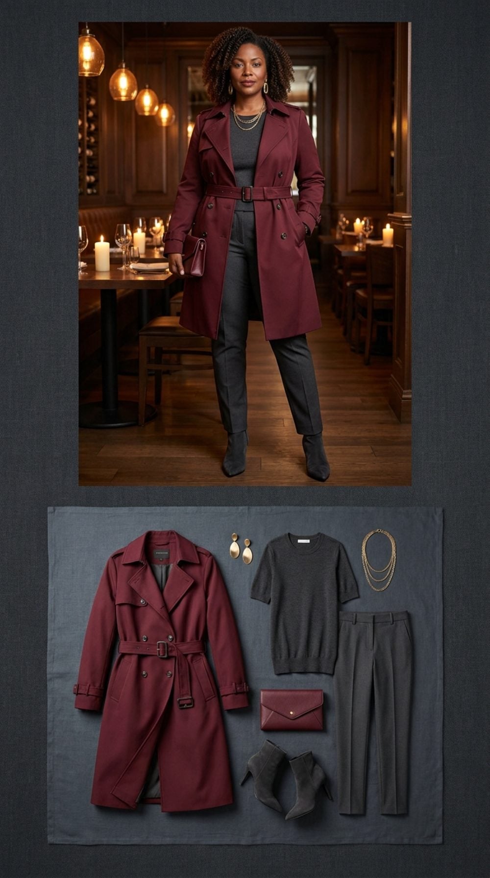 Burgundy Trench, Dark Base: Rich Color Up Top, Quiet Tones Below