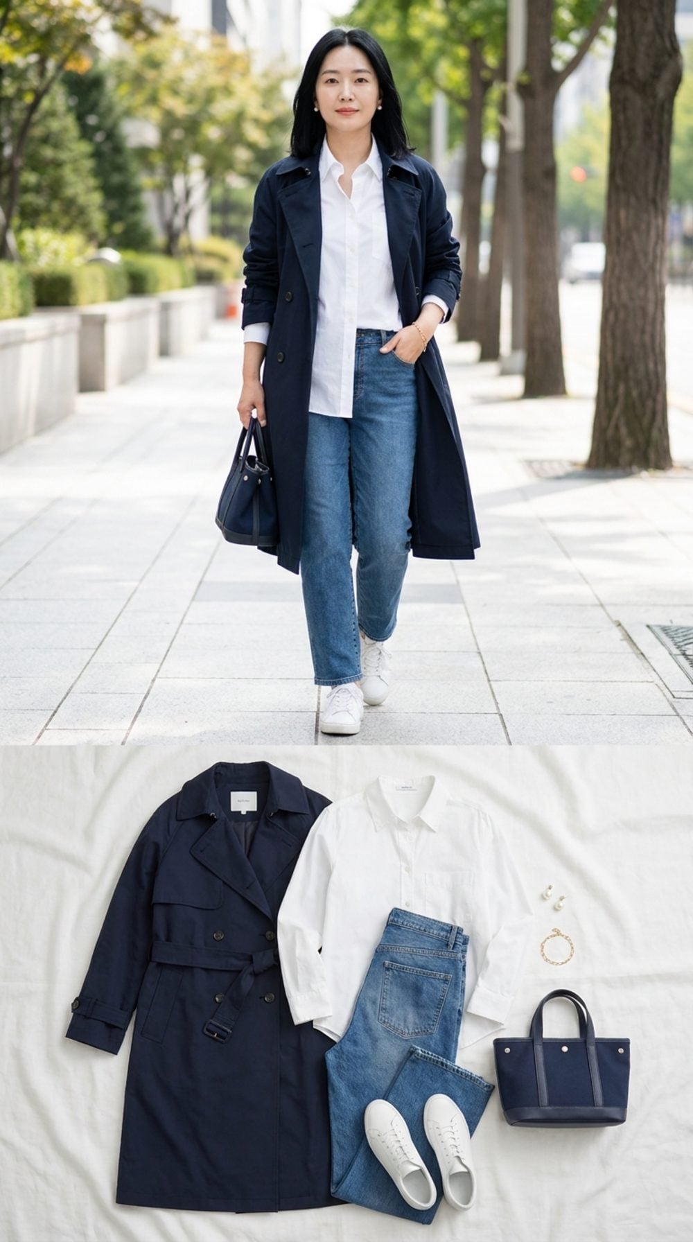 Navy Trench, Half-Tucked White Shirt, Straight Jeans: Easy Waist, No Effort