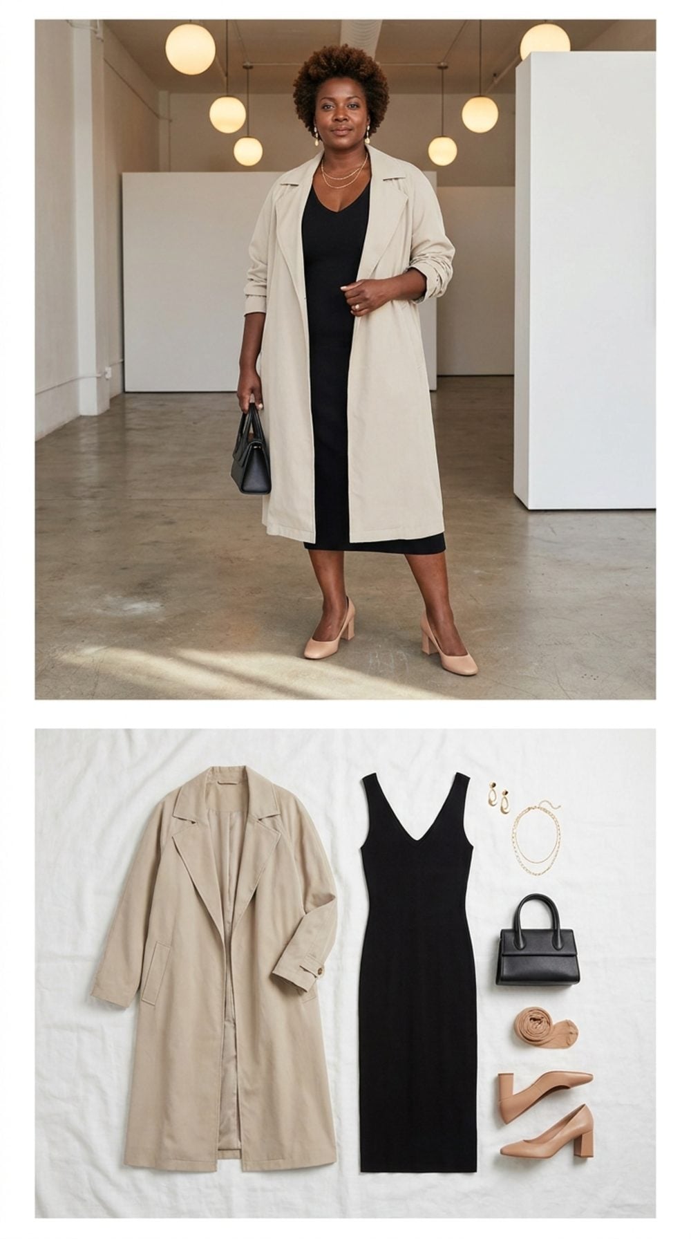 Open Stone Trench Over a Black Column Dress: The Line That Does Everything