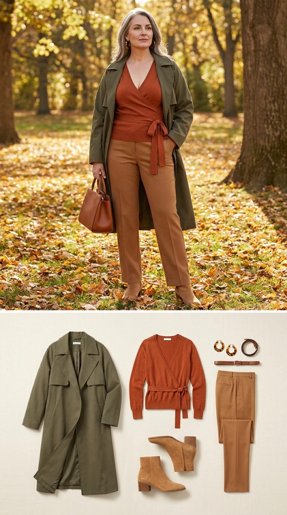 Olive Trench Over a Wrap Sweater and Straight Trousers: When Two Layers Both Work for You
