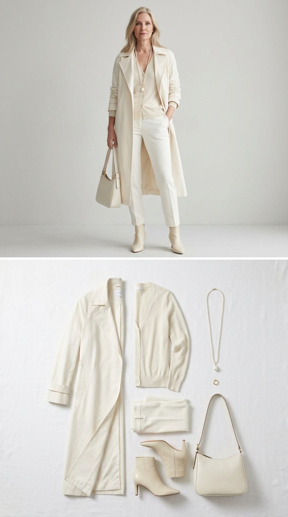 Trench Over an Open Cardigan and Slim Ankle Pants: Double Vertical, Double the Effect