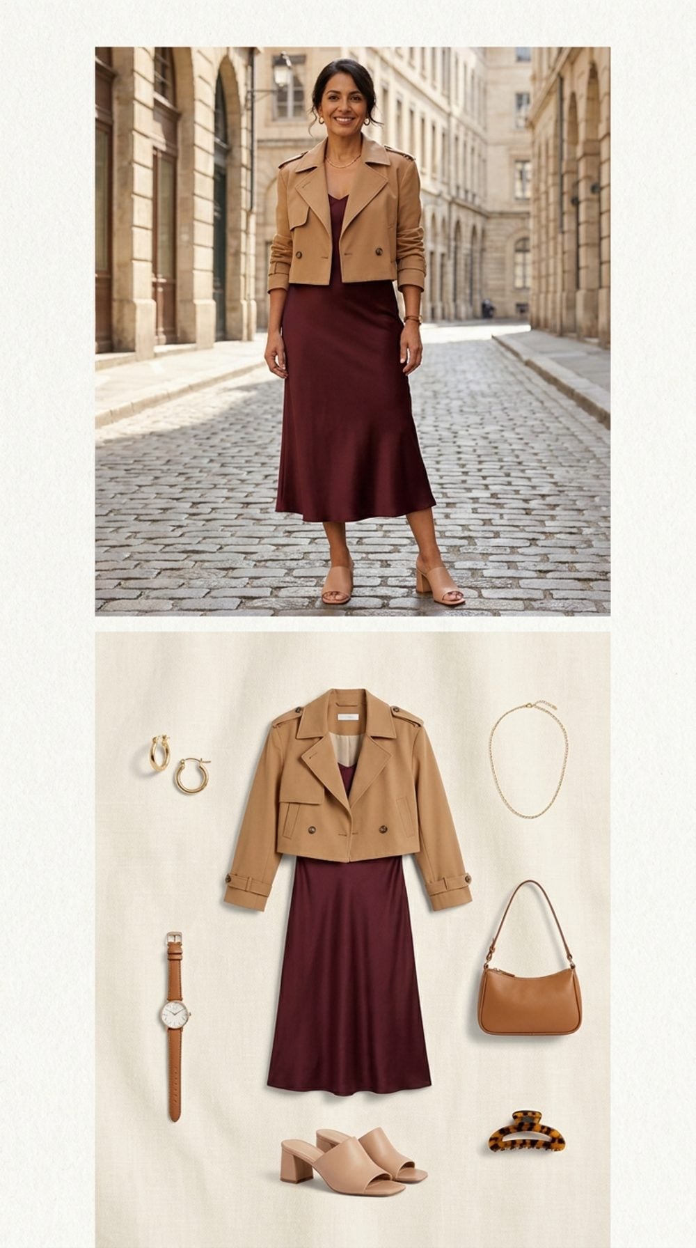 Short Trench Jacket Over a Bias-Cut Midi Dress: The Curves-First Formula