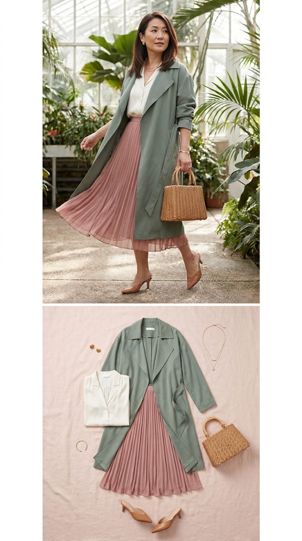 Belted Flowy Trench Over a Pleated Midi Skirt: Movement as a Styling Tool