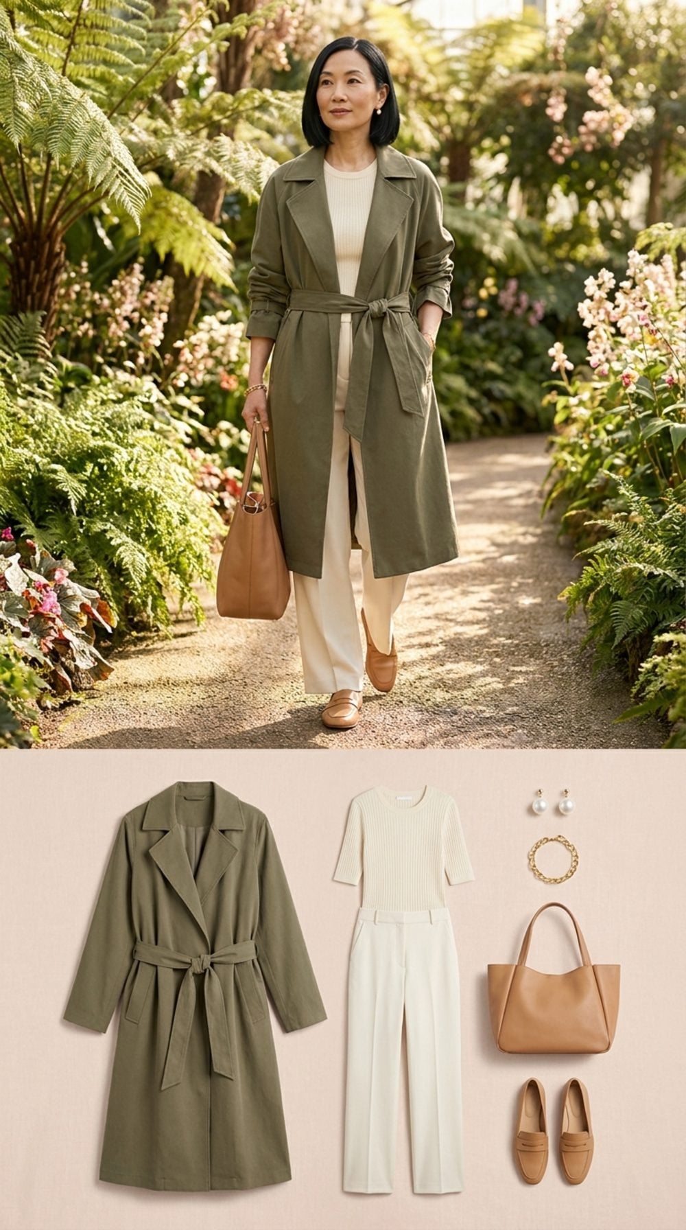 Olive Trench, Side-Knotted Sash, Wide-Leg Ivory: Soft Shape, Zero Squeeze