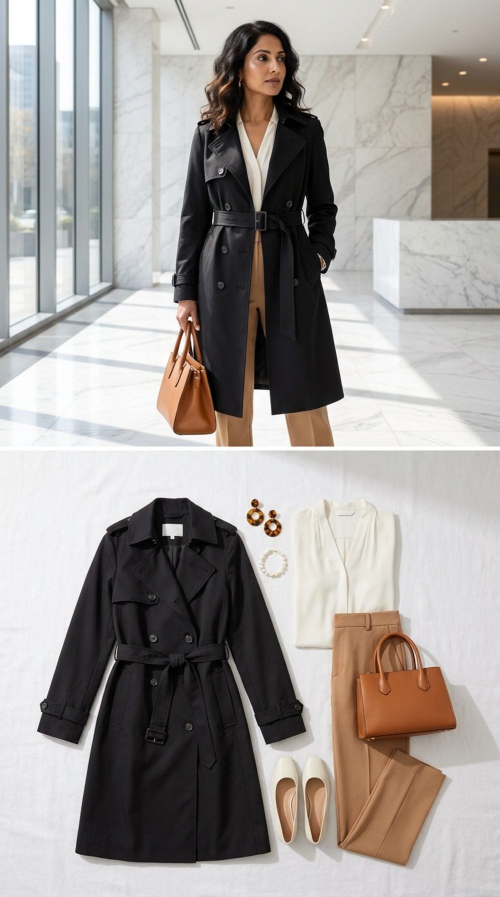 Black Belted Trench, Ivory Blouse, Camel Trousers: Waist First, Leg Second