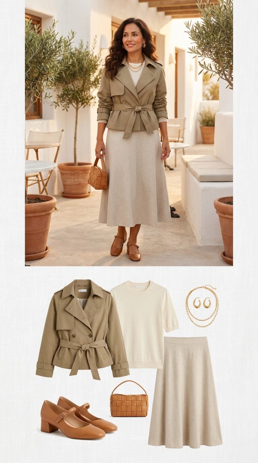 Short Trench Jacket and A-Line Midi Skirt: The Hip-Waist Equation Solved