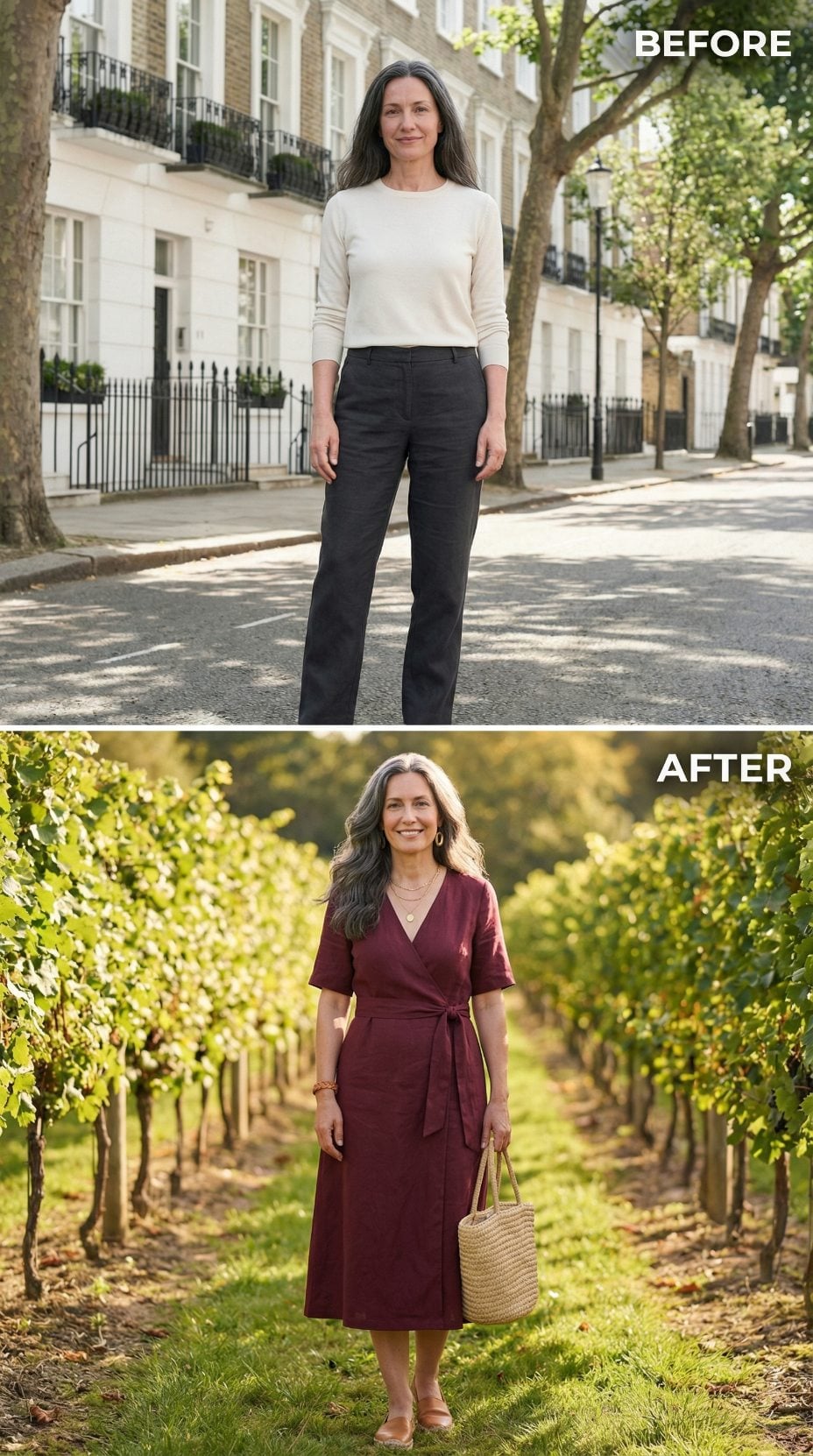 Burgundy Wrap Linen and a Woven Tote: Why the Second Outfit Wins Every Time
