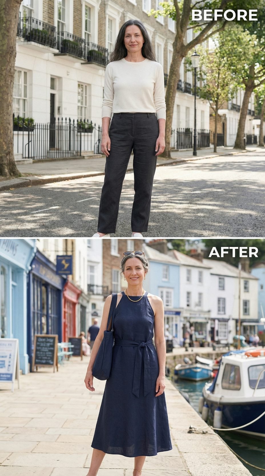 Navy Linen, a Harbour Setting, and the Halter Neckline Doing Serious Work