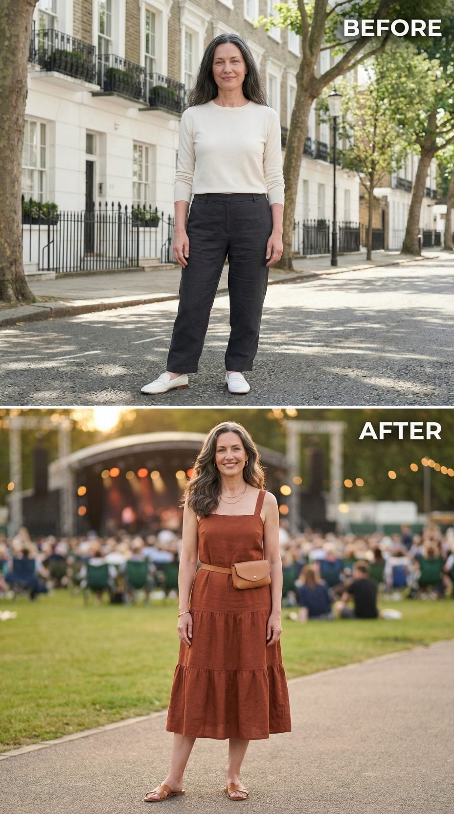 Burnt Terracotta Linen, a Belt Bag, and the Outdoor Concert Setting That Earns Its Place