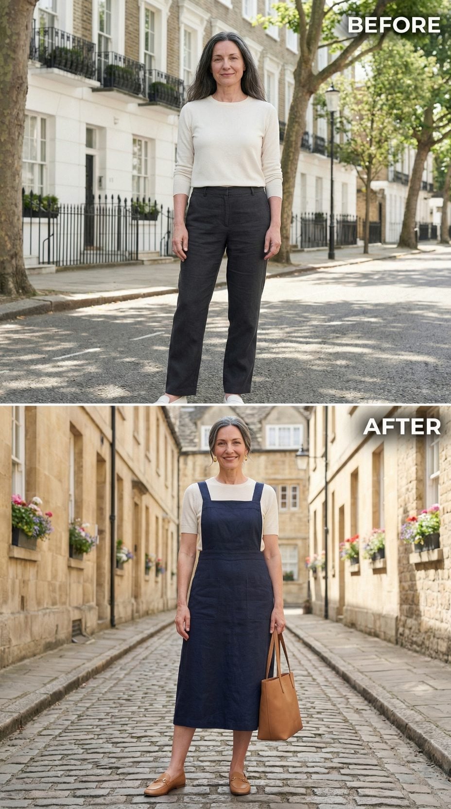 Navy Pinafore Linen, Gold Studs, and the Cobblestone Street That Locks It In