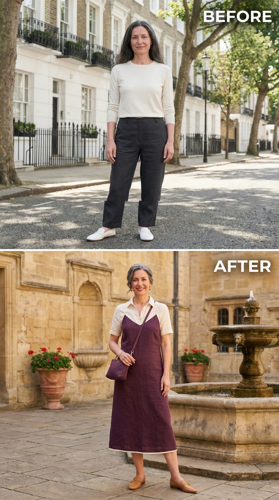 Burgundy Linen Slip Dress, a Layered Collar Shirt, and the Fountain Courtyard That Seals It