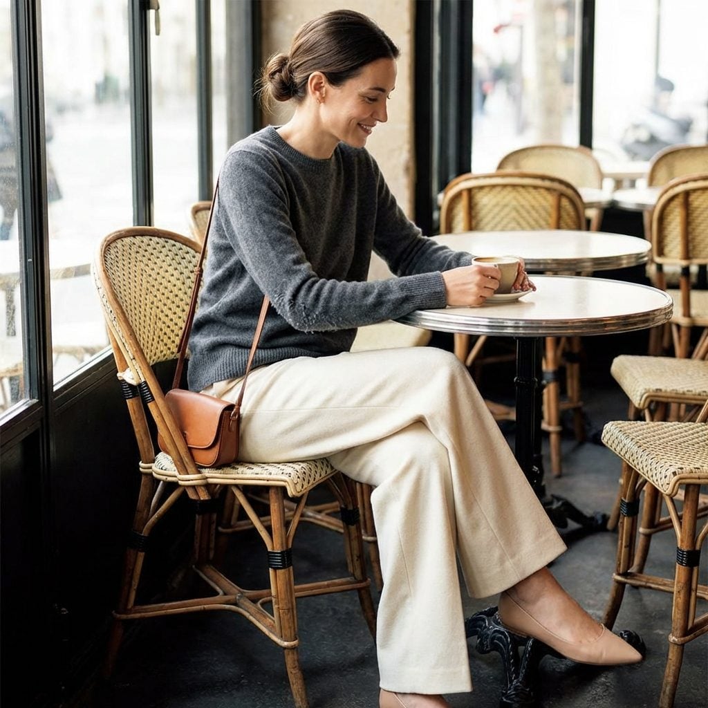 Perfectly Pressed Cream Trousers With a Cashmere Knit That's Visibly Pilling