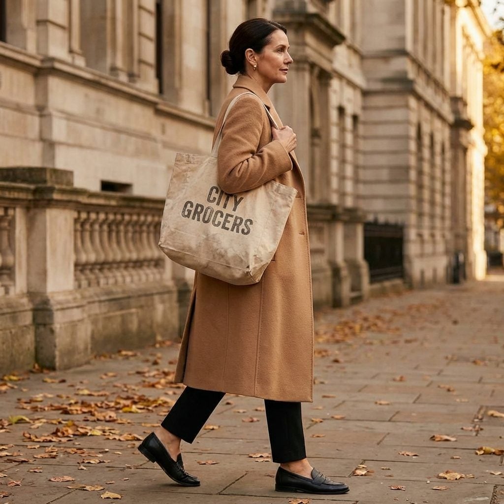 The Elegant Coat That's Paired With an Overly Casual Canvas Tote