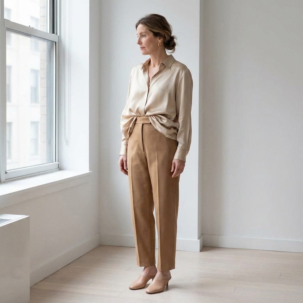The Silk Blouse Tucked Into High-Waisted Trousers With Too Much Volume at the Tuck
