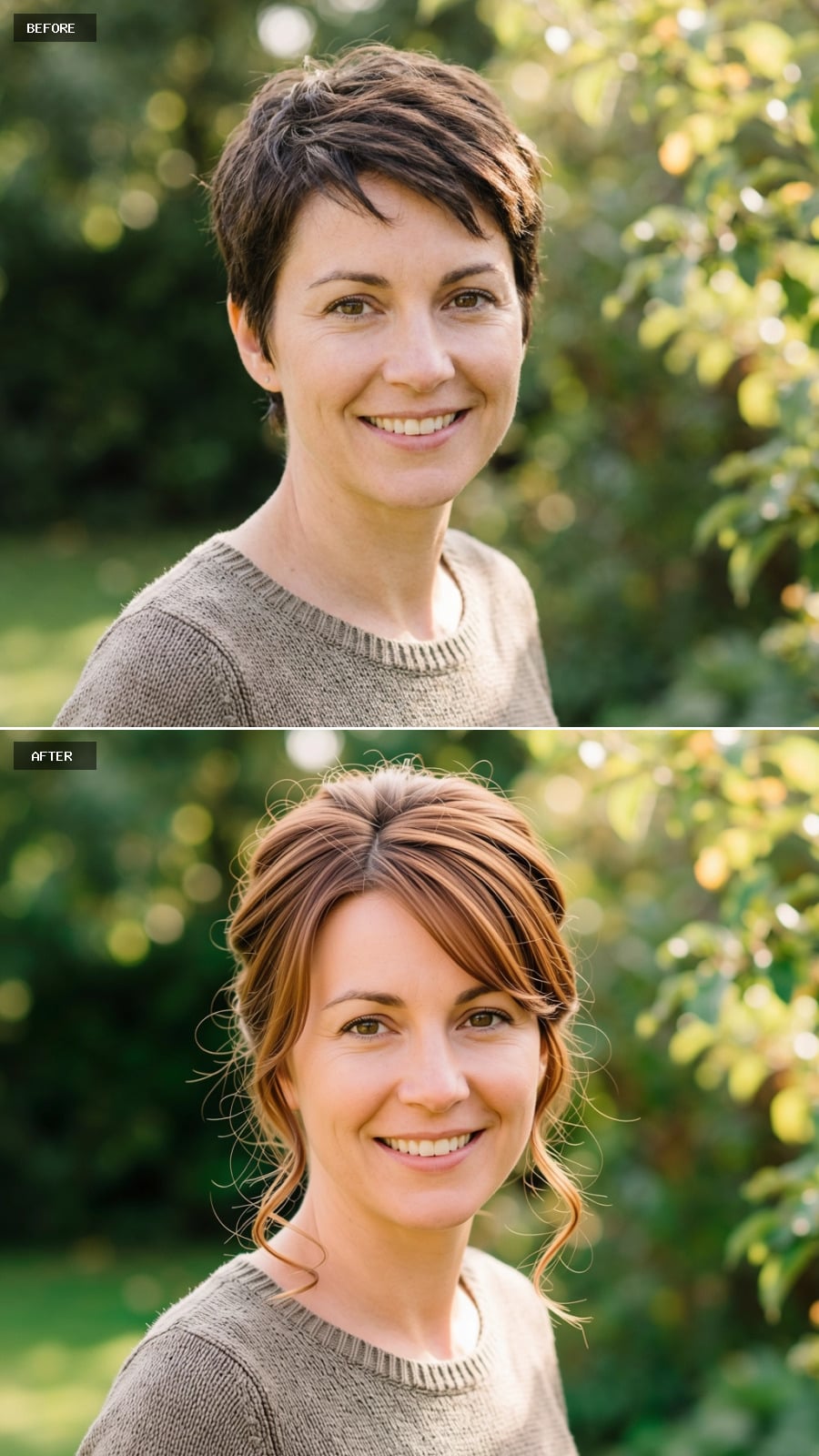 Soft Updo, Warm Auburn, and What Pinned Length Does to a Face at 44