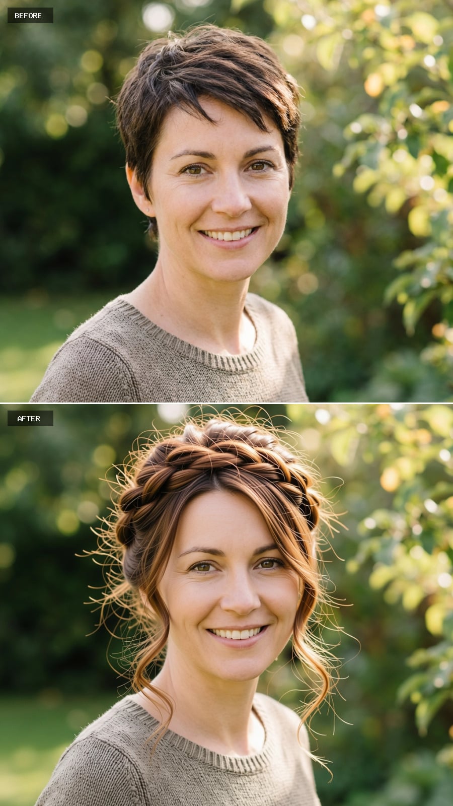 Braided Crown With Auburn Balayage: What Pinned Height Does to a Pixie Face at 44