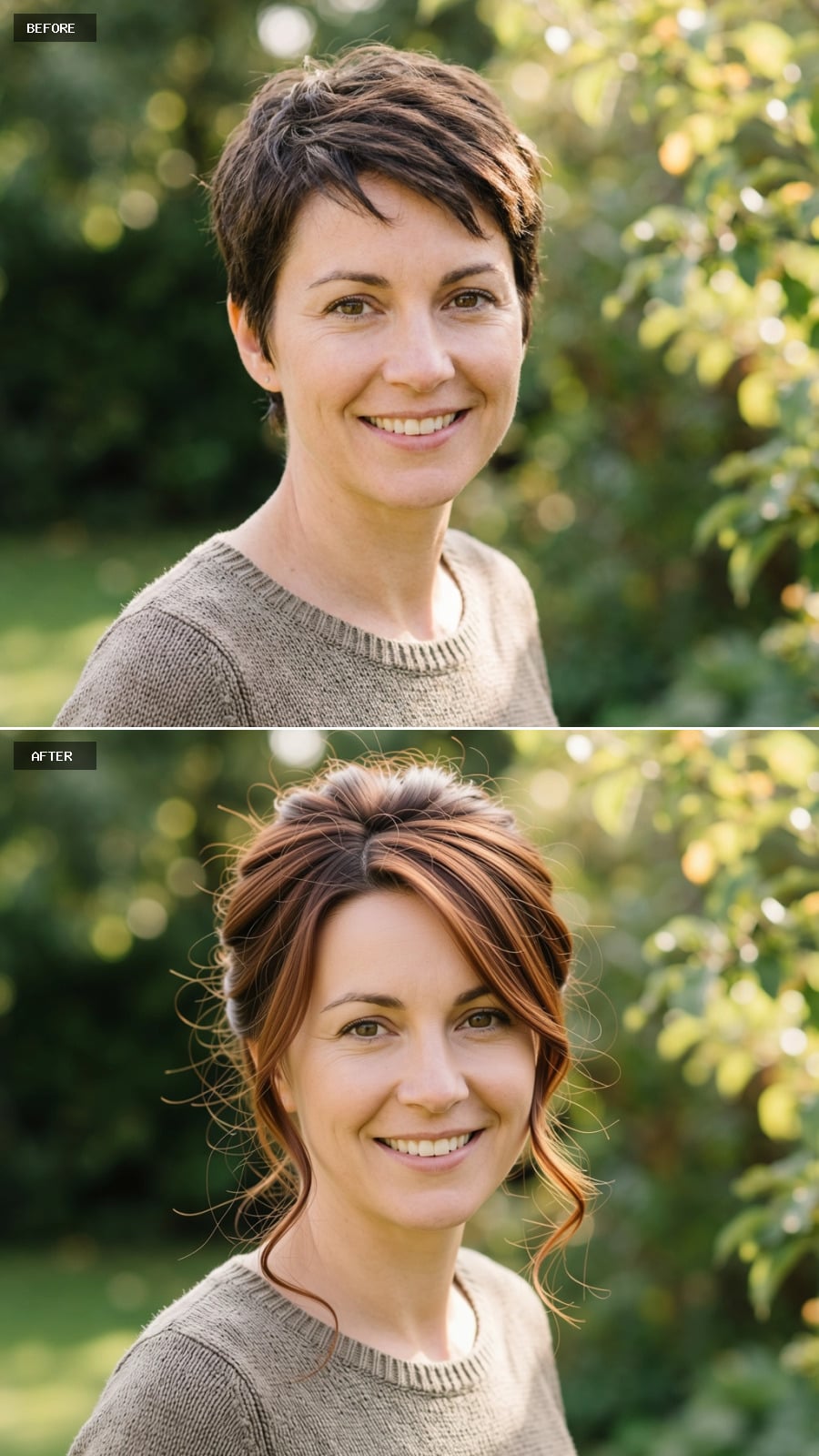 Auburn Updo, Soft Highlights, and What Pinned Length Does to Pixie Bone Structure at 44