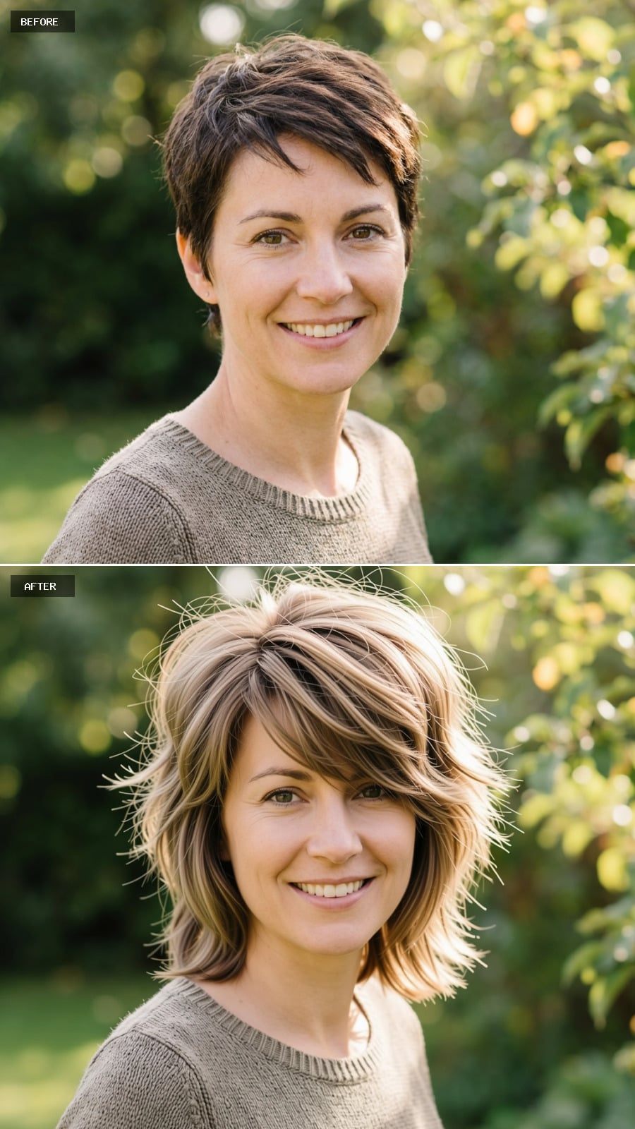 Layered Bob, Blonde Highlights, and What Swept Volume Does to a Pixie Face at 44