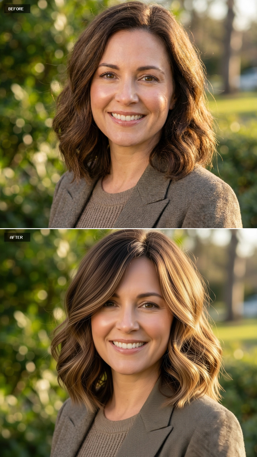 Balayage With Curtain Bangs Cuts Ten Years Off Her Look