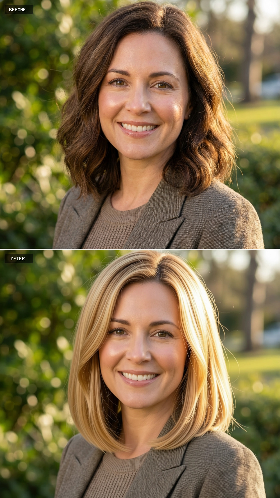 Chocolate Waves Out, Butter Blonde Bob In — Same Woman, Different Energy