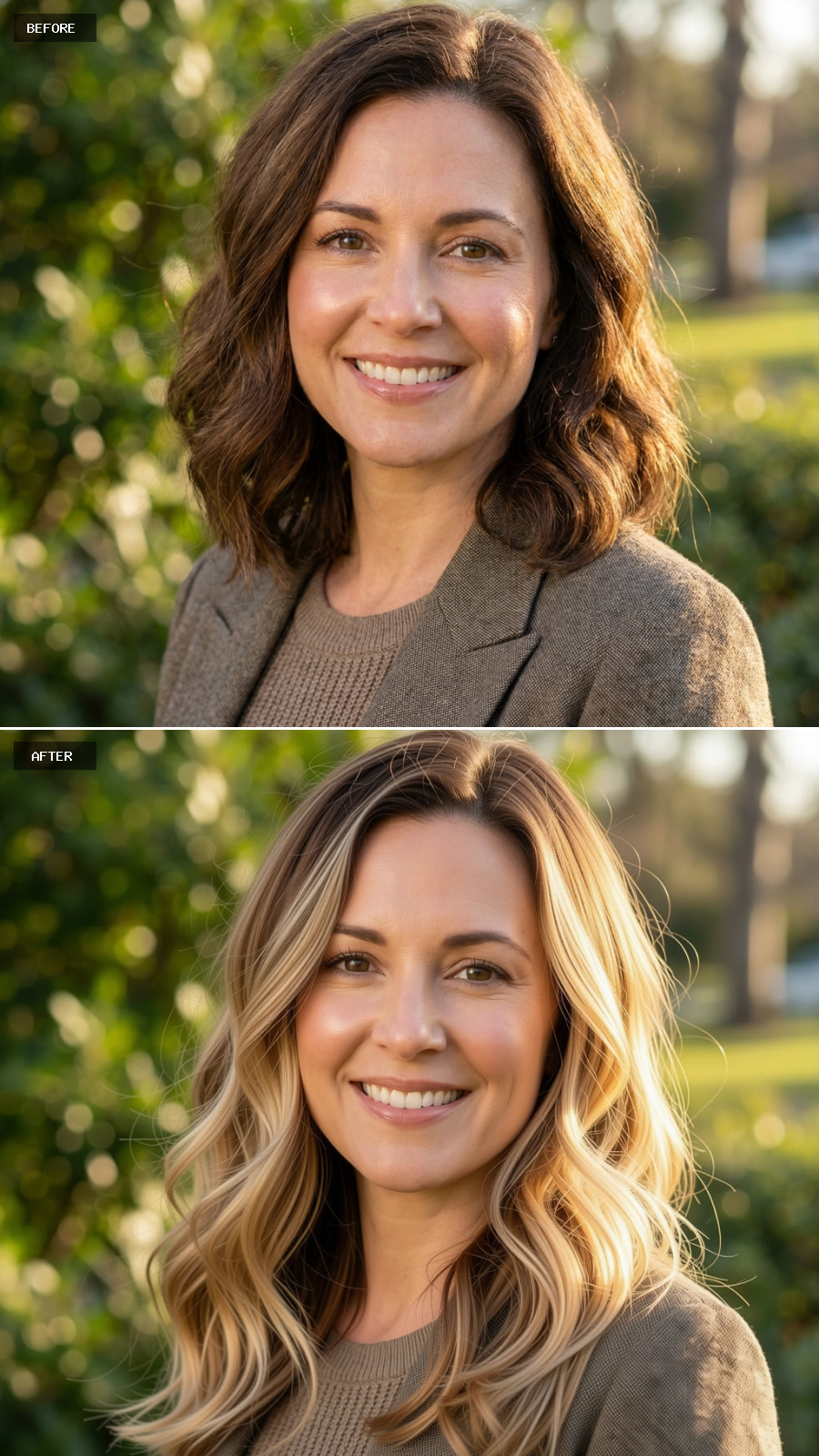 Soft Brown to Blonde Balayage, and Suddenly the Blazer Reads Completely Different
