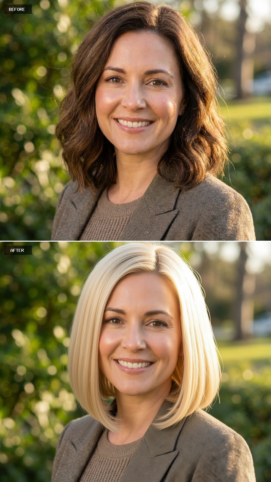 Straight Blonde Bob Replaced Brunette Waves and Rebalanced the Whole Portrait