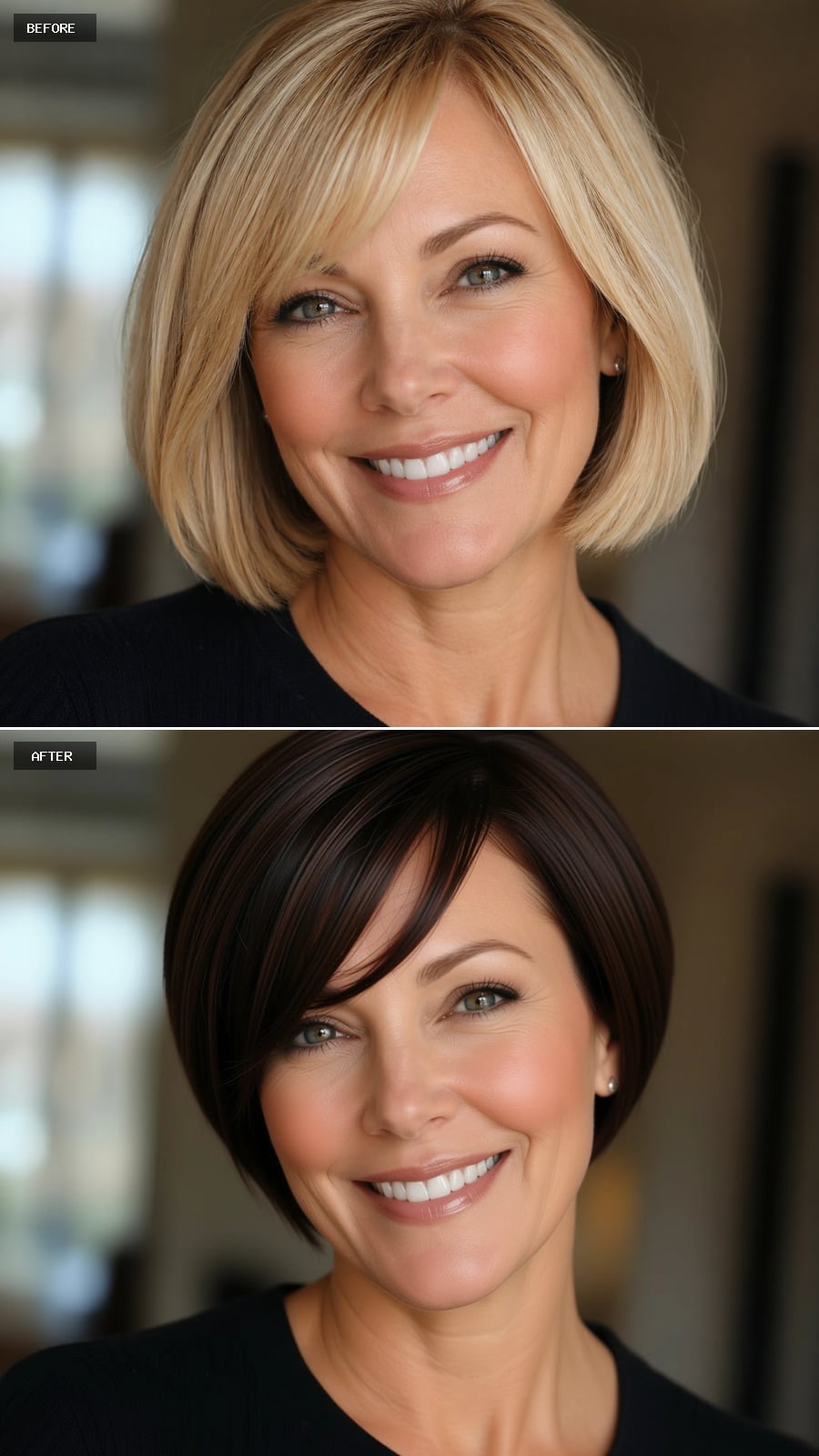 Dark Chocolate Bob With Side-Swept Fringe Does Something Unexpected to Eye Color