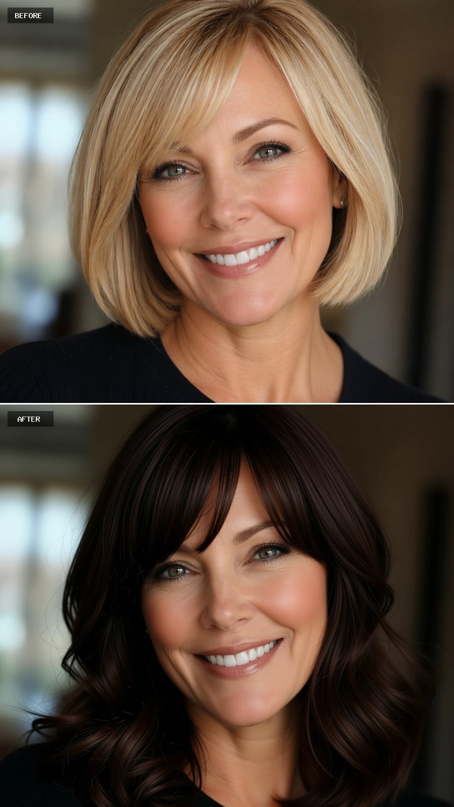 Dark Brunette Waves With Full Fringe Pull Eye Color Forward in a Way Short Hair Never Did