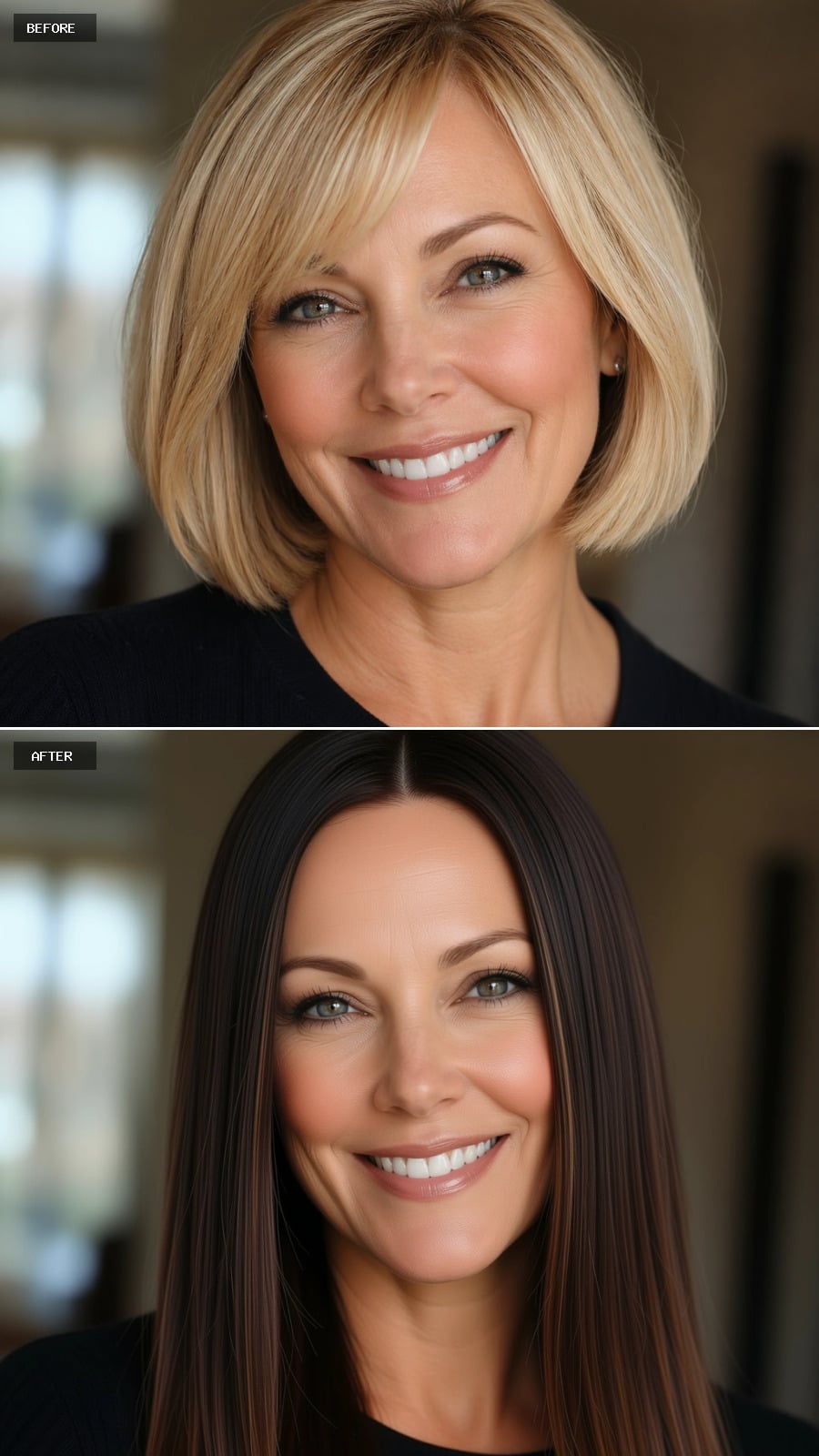 Straight Dark Hair With a Center Part Resets the Entire Geometry of a Face