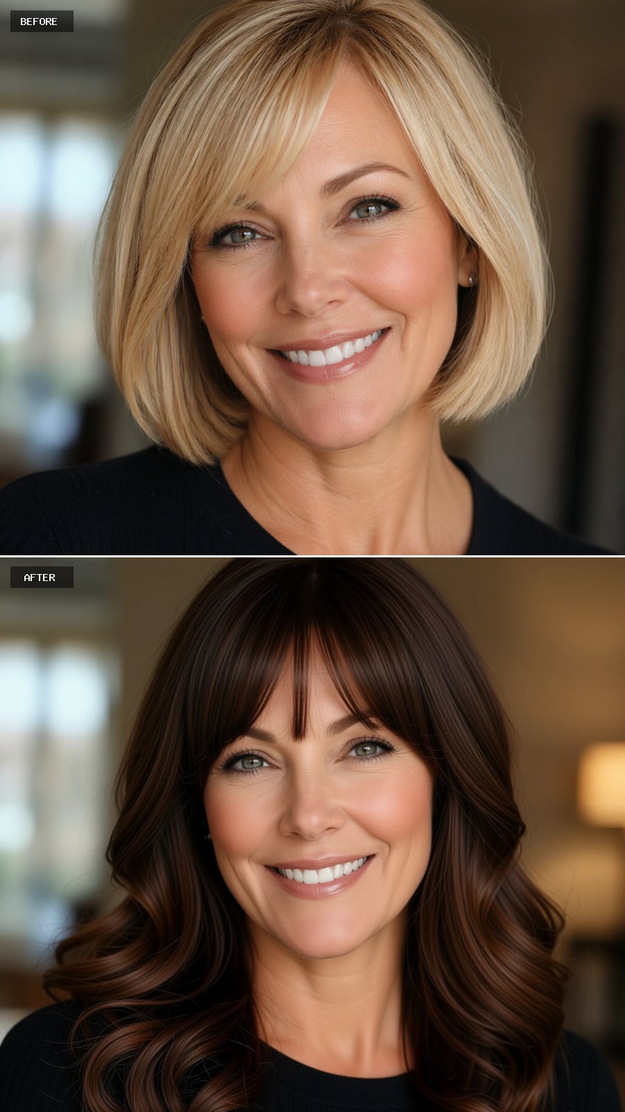 Long Dark Waves With Curtain Bangs Accomplish What Color Alone Cannot