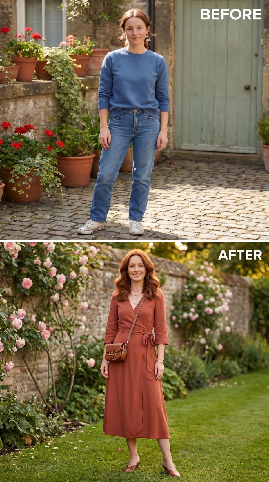 Blue Cotton Sweatshirt Exits. Rust Wrap Dress Takes the Garden.