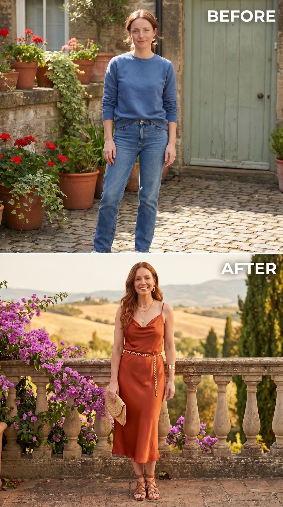 Rust Satin, a Chain Belt, and Tuscany Waiting Behind the Balustrade