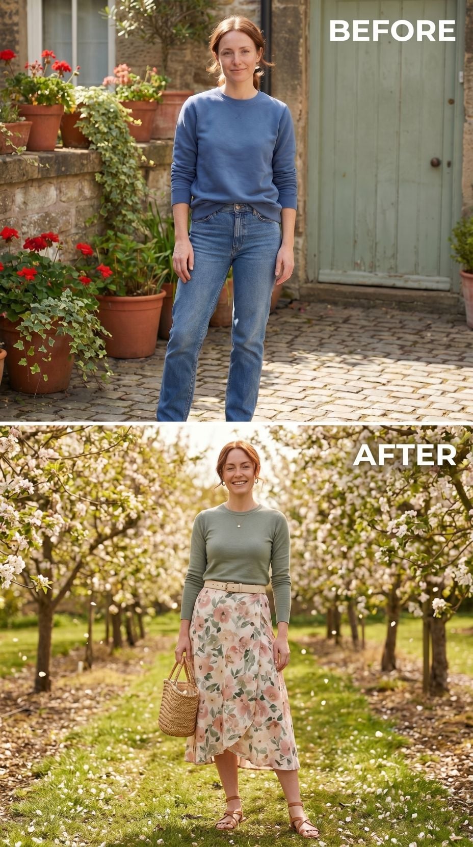 Sage Knit, a Floral Midi, and the Orchard She Walked Into Like She Owned It