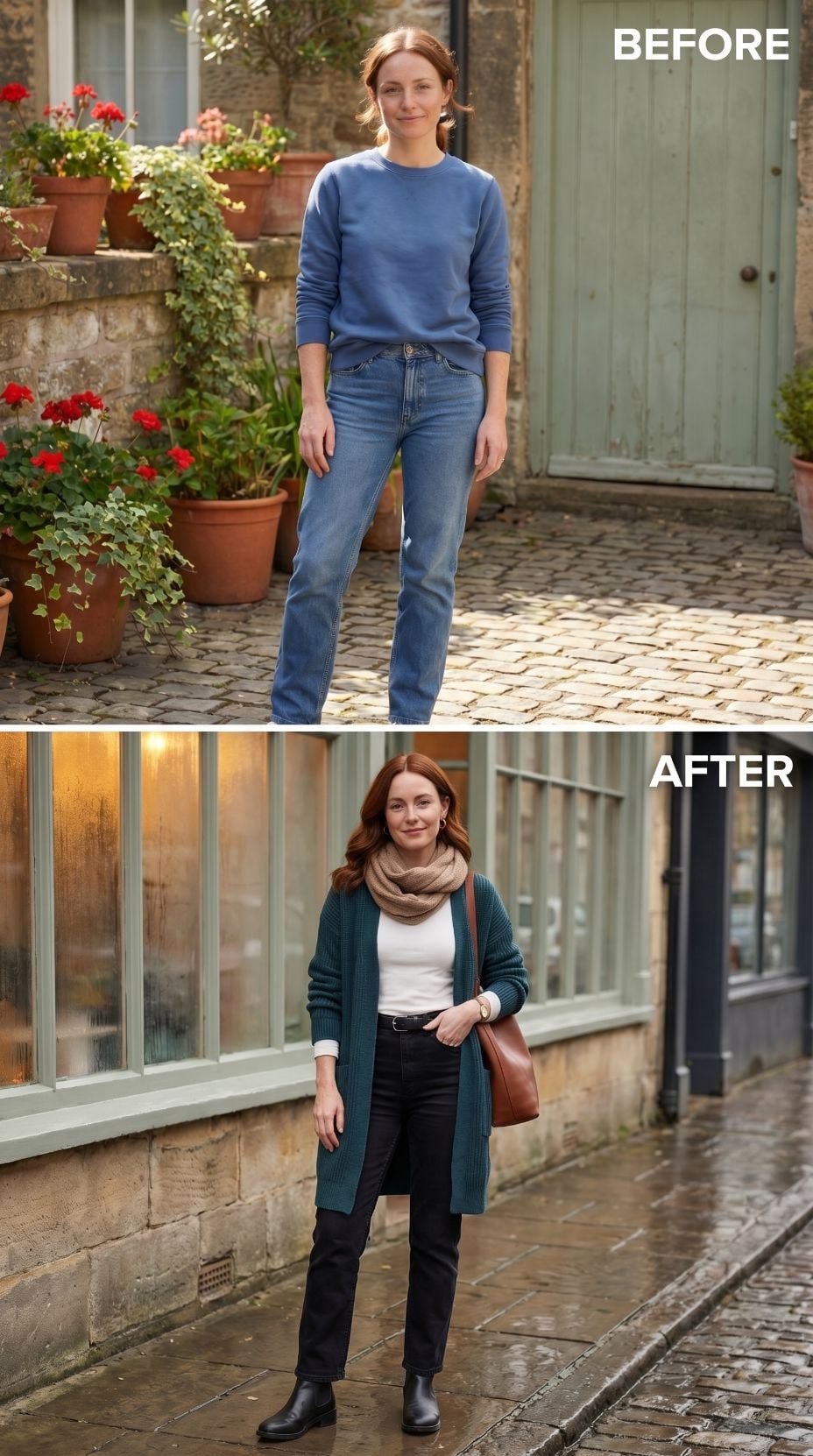 Teal Cardigan, a Snood, and the Cobblestone Street She Finally Dressed For