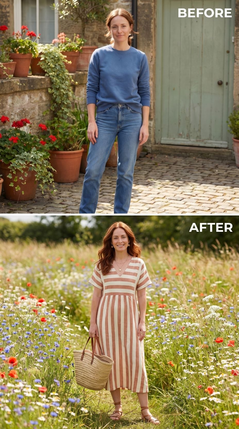 Straight-Leg Denim Steps Aside for Rust Stripe Linen and a Wildflower Field