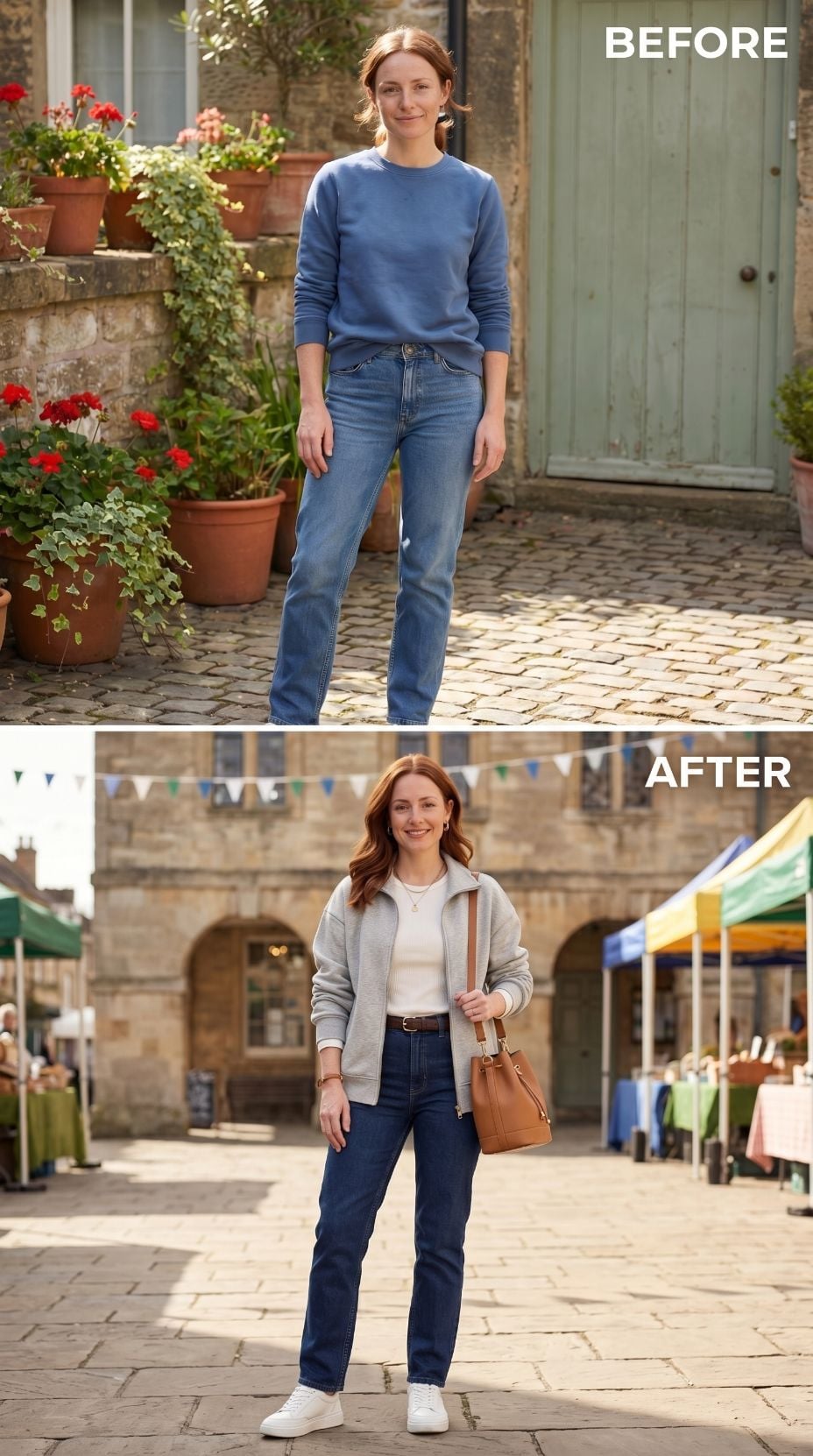 Dark Rinse Denim, a Grey Zip-Up, and the Market Square She Walked Into on Her Own Terms