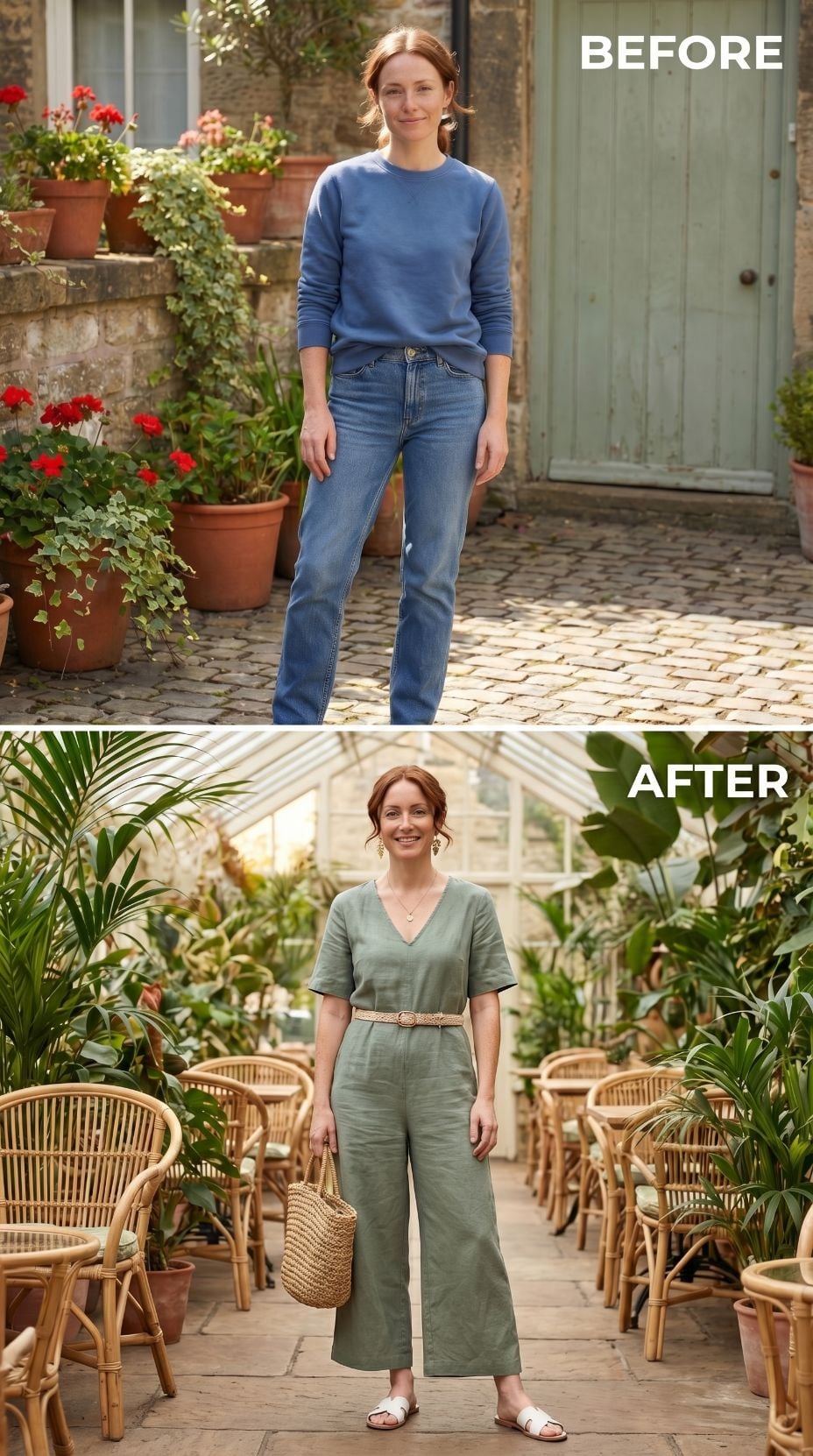 Blue Sweatshirt to Sage Linen Jumpsuit, and the Greenhouse She Walked Into Smiling