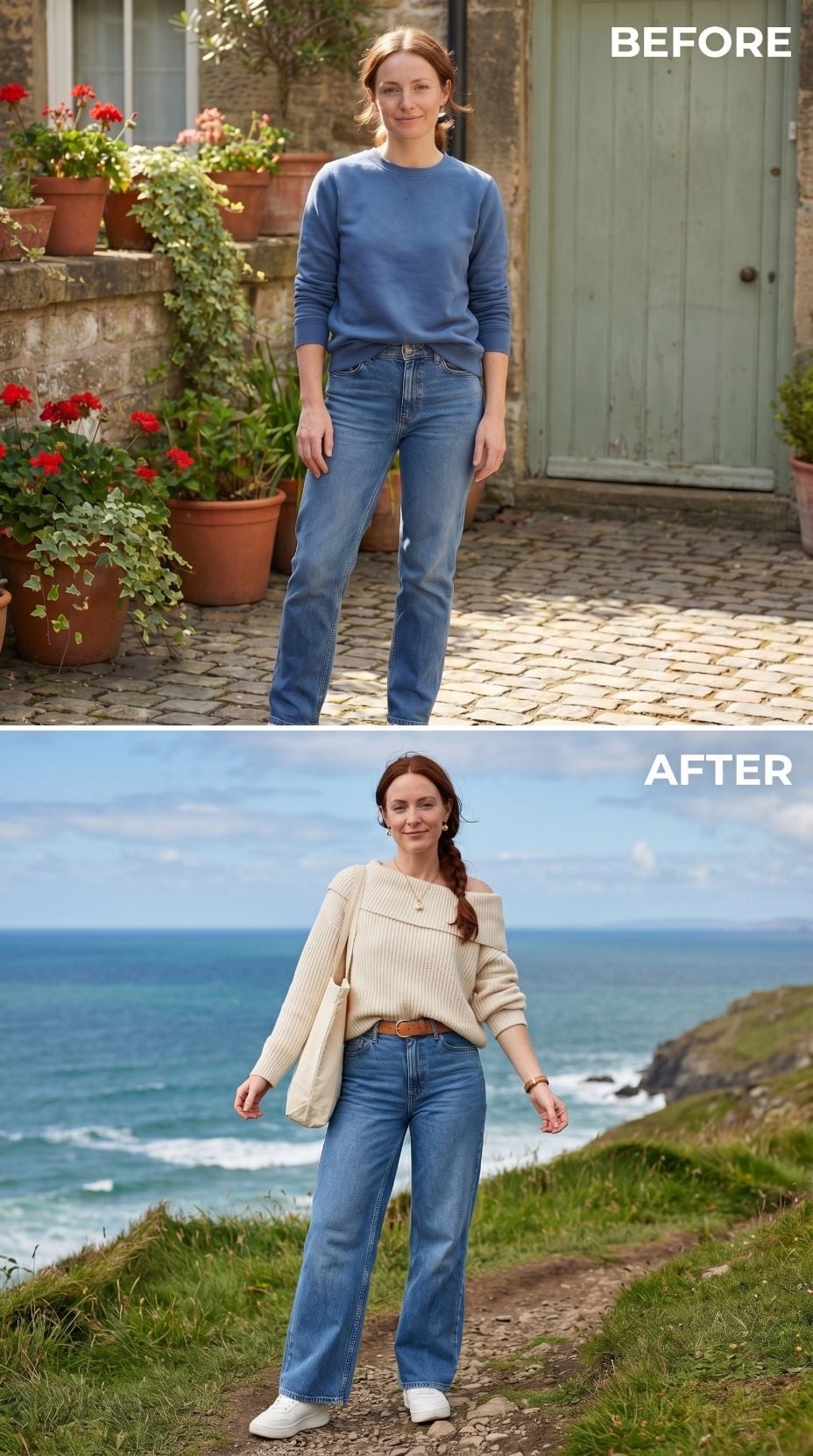 Blue Sweatshirt Left on the Cobbles, Cream Ribbed Knit Worn at the Cliff's Edge