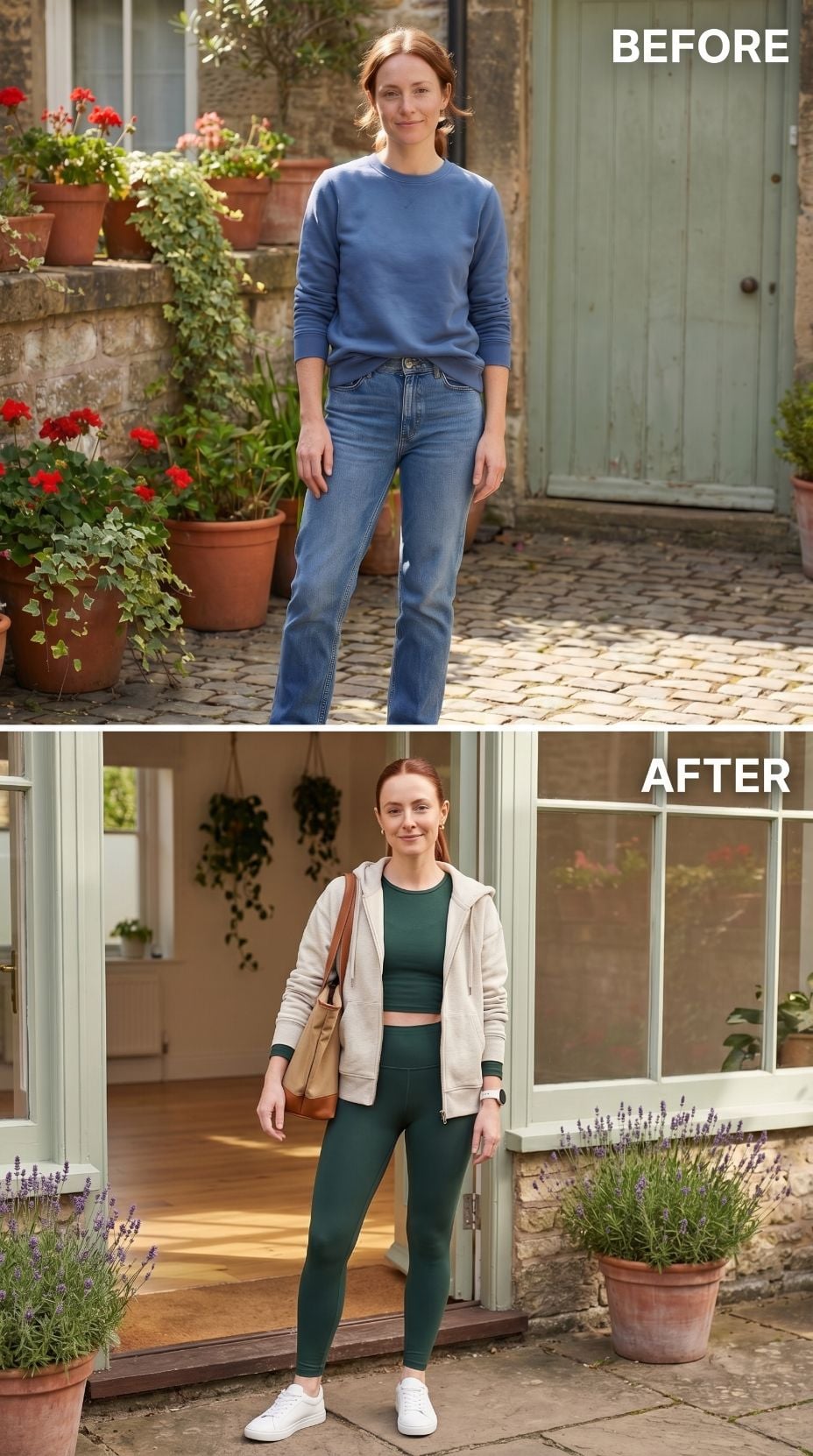 Blue Sweatshirt on Cobblestones, Green Crop Kit at the Garden Room Door