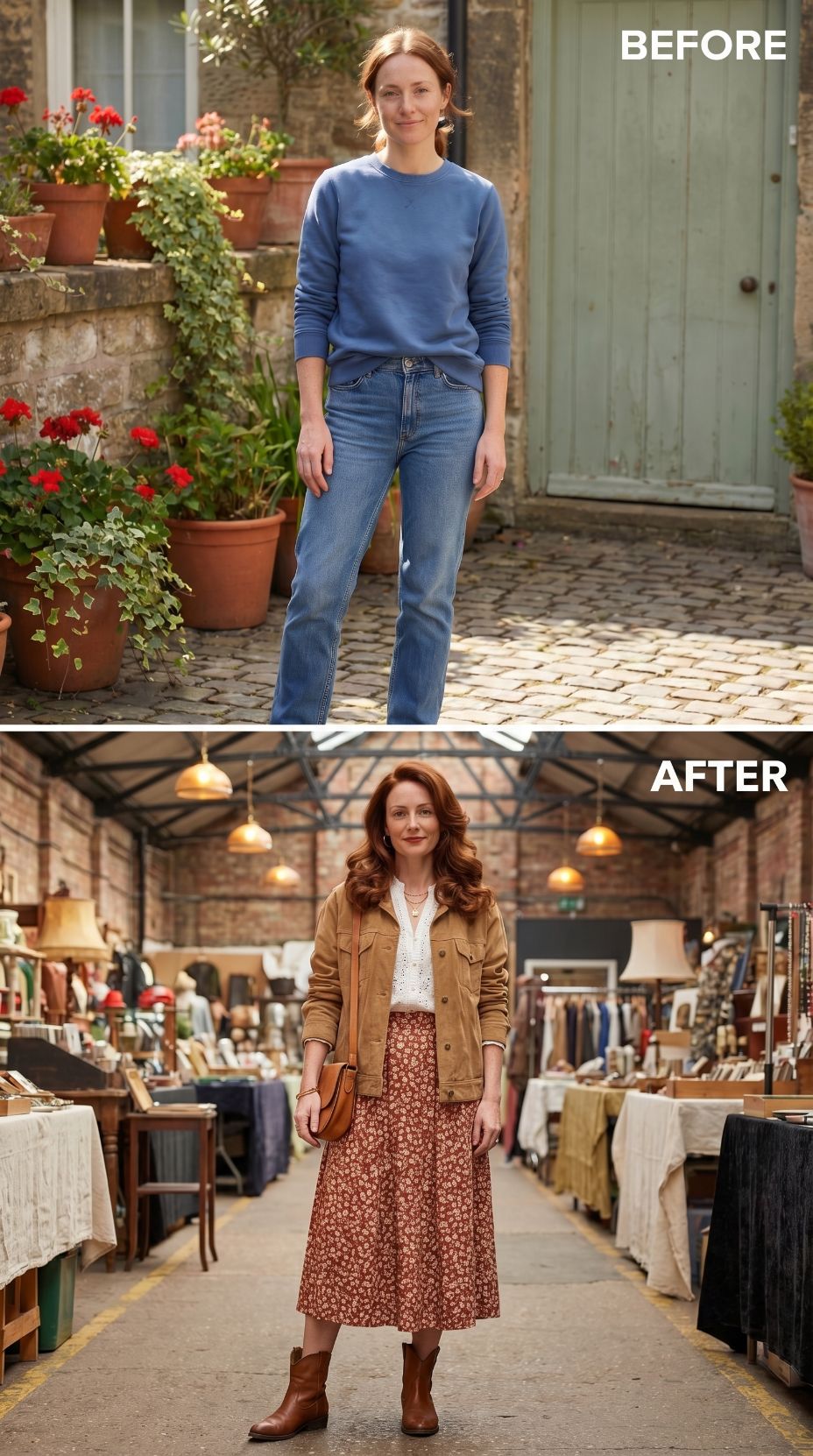 Blue Sweatshirt on Cobblestones, Corduroy Jacket at the Antiques Hall
