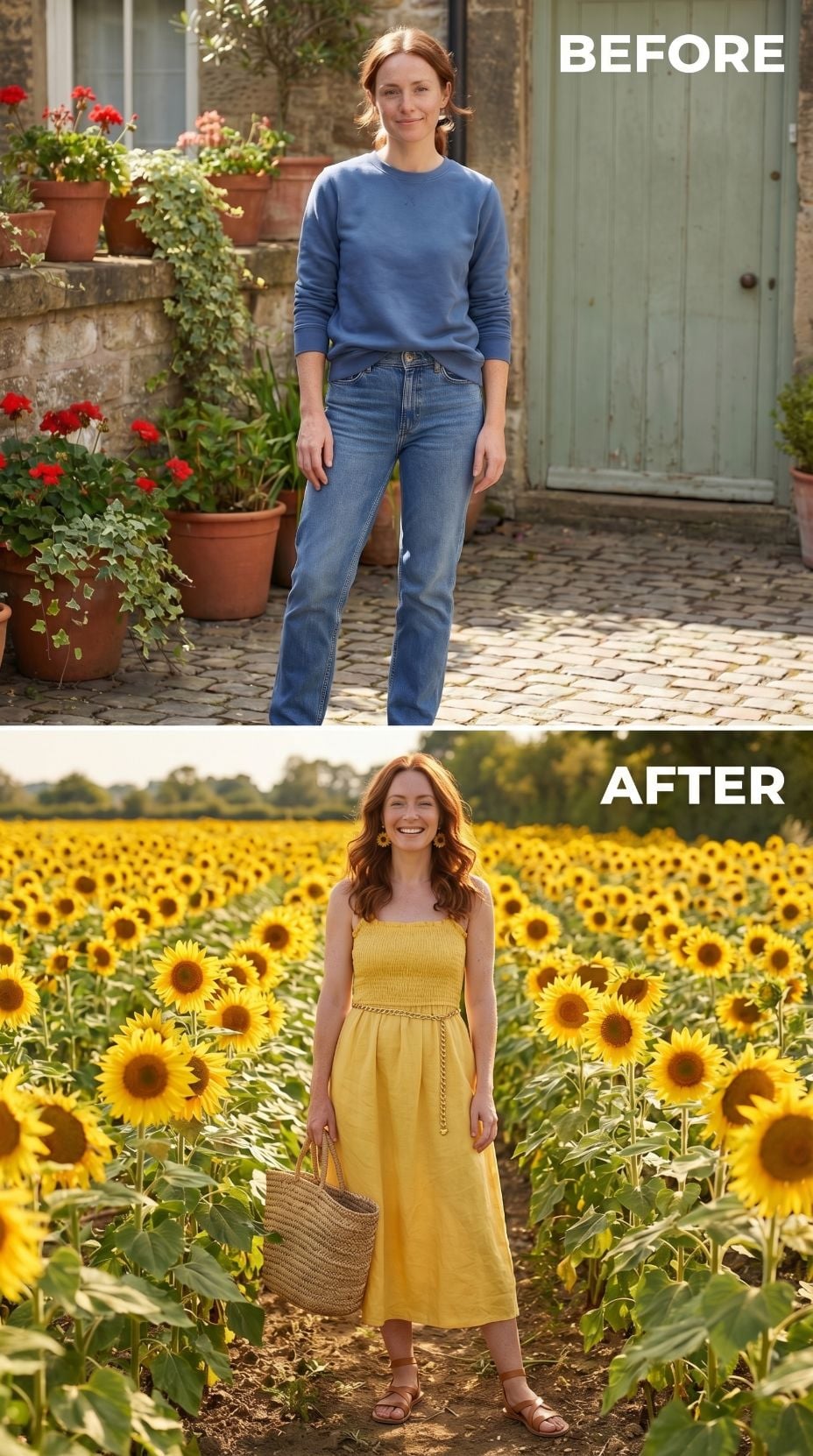 Blue Sweatshirt on Cobblestones, Yellow Sundress in the Sunflower Field