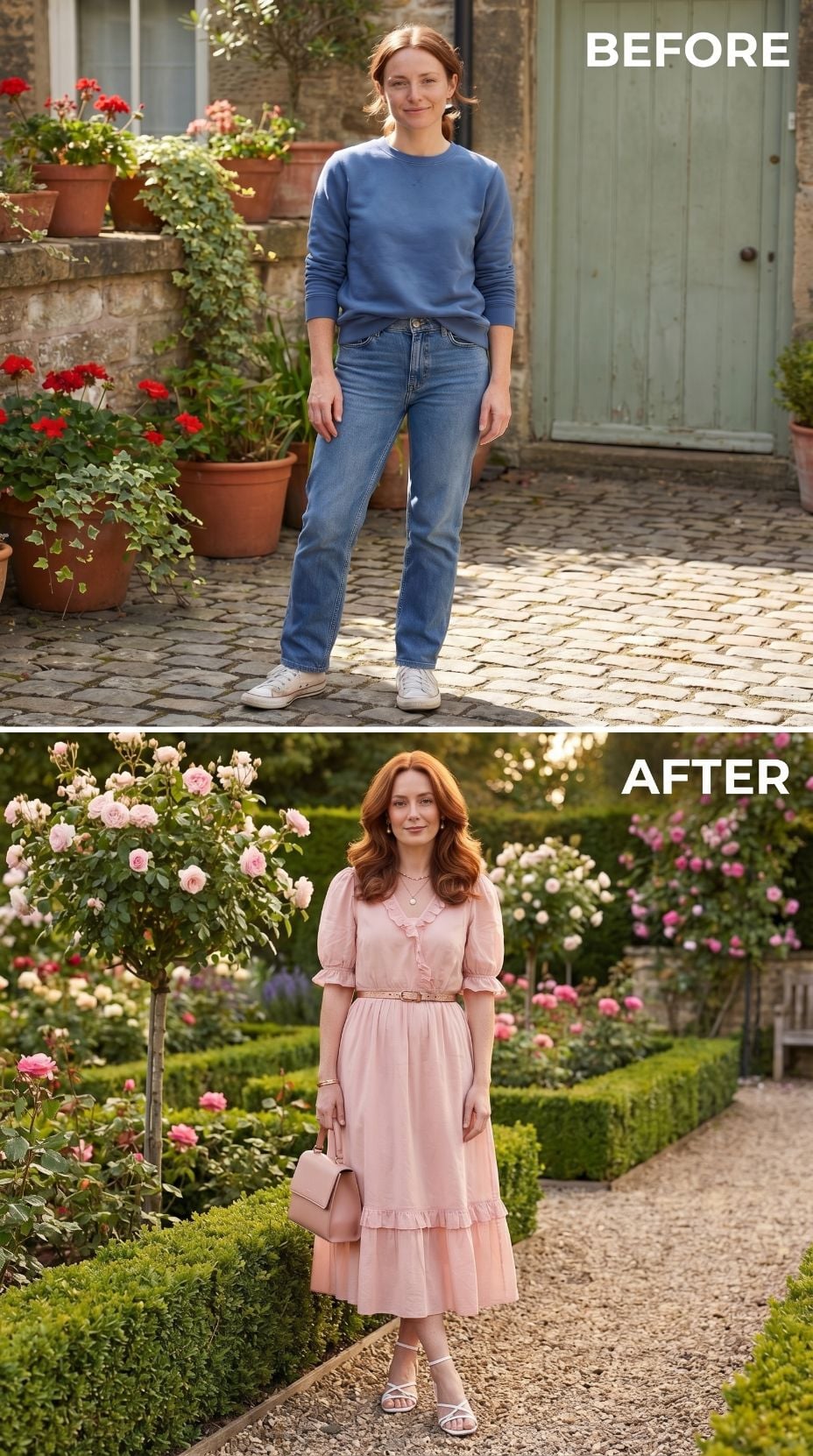 Blue Sweatshirt on Cobblestones, Pink Ruffle Dress in the Rose Garden