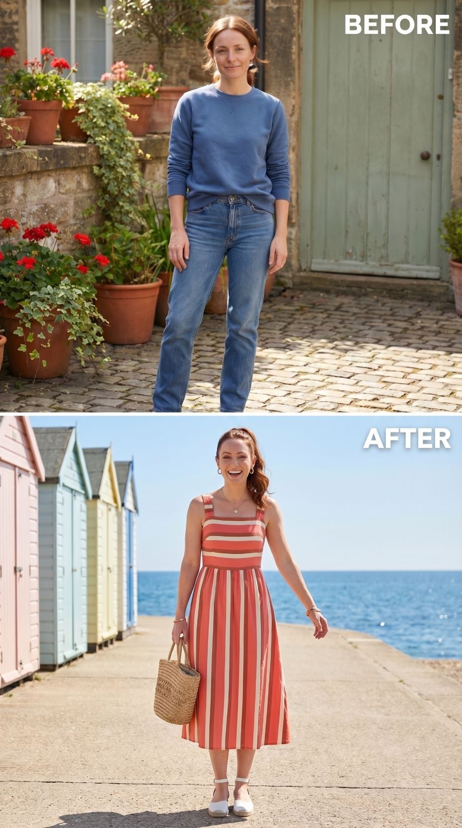 Cobblestones Behind Her, Coral Stripes Ahead by the Beach Huts