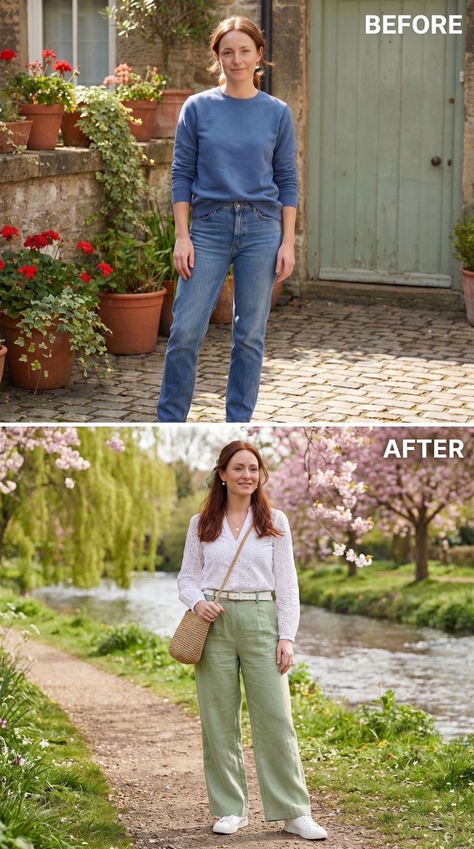 Cobblestones Behind Her, Cherry Blossom Path Ahead in Sage Wide-Leg Linen